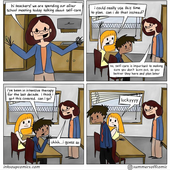 Comic strip humorously depicting teachers discussing self-care and the struggles of teaching during an after-school meeting.