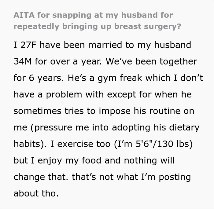 Woman’s Husband Keeps Advocating For Breast Implants For Her, She Finally Snaps Woman’s Husband Keeps Advocating For Breast Implants For Her, She Finally Snaps