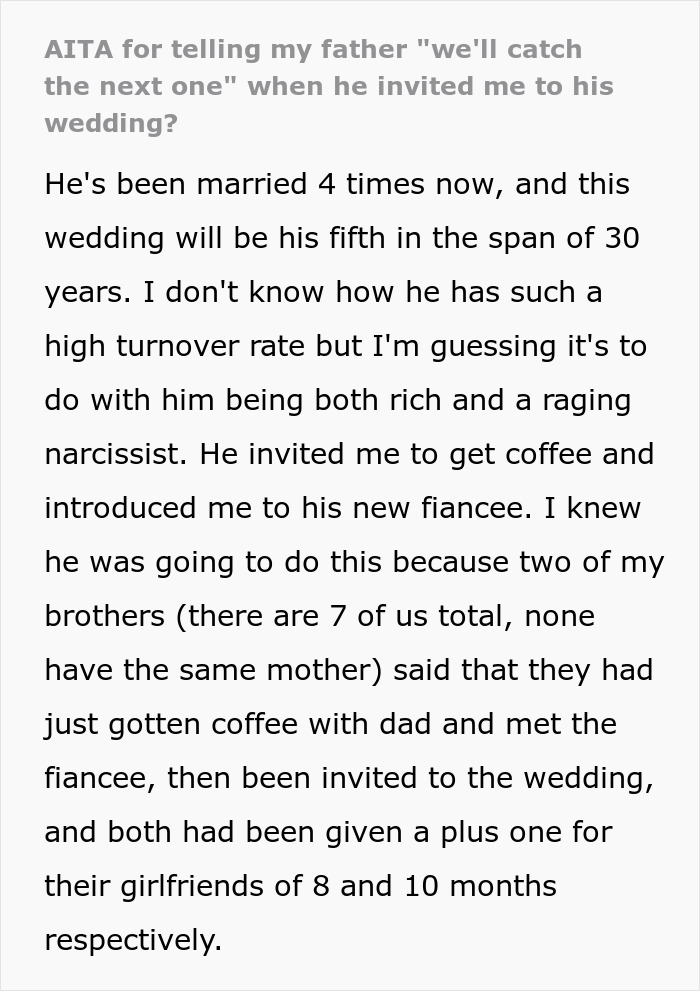 Man Upset Daughter Says She’ll Skip His 5th Wedding And Will Catch The Next As Her BF Isn’t Invited Man Upset Daughter Says She’ll Skip His 5th Wedding And Will Catch The Next As Her BF Isn’t Invited