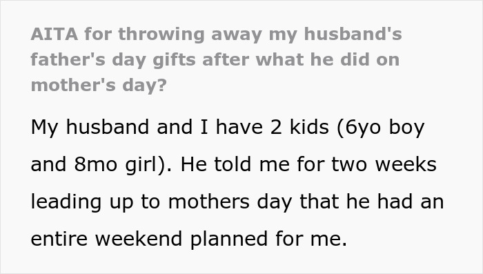 Text about a husband's planned surprise weekend for his wife on Mother's Day.