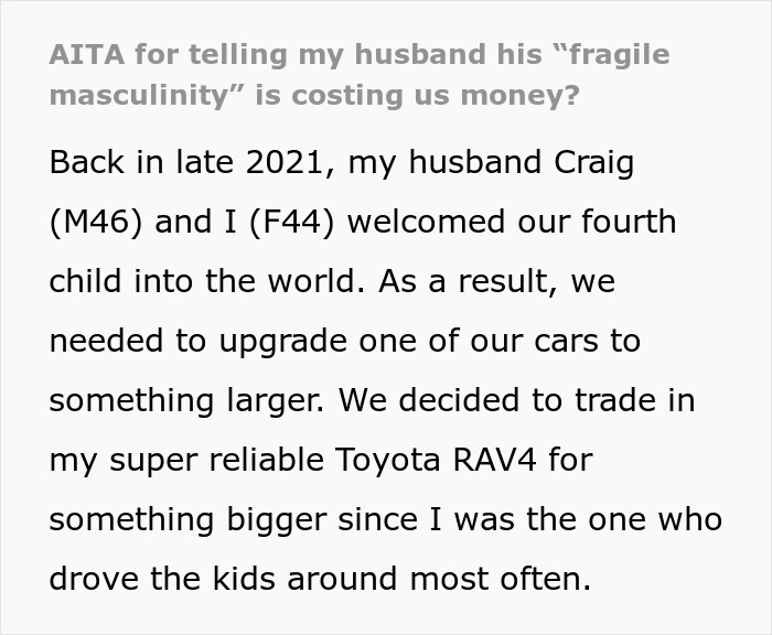 &ldquo;AITA For Telling My Husband His &lsquo;Fragile Masculinity&rsquo; Is Costing Us Money?&rdquo;