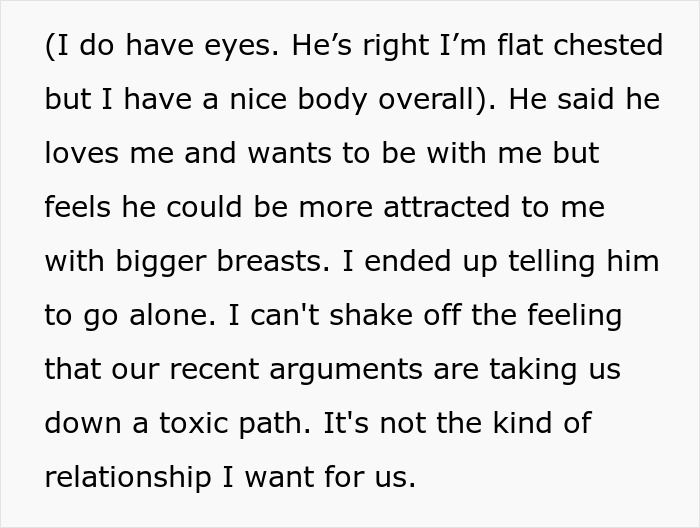 Woman’s Husband Keeps Advocating For Breast Implants For Her, She Finally Snaps Woman’s Husband Keeps Advocating For Breast Implants For Her, She Finally Snaps