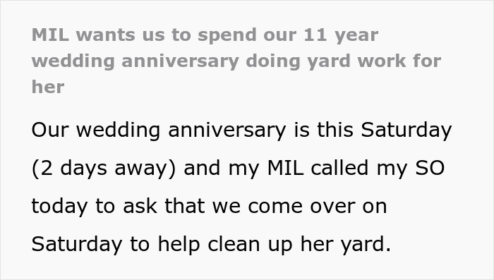 MIL Tries To Guilt-Trip Couple Into Spending Their Anniversary Doing Yard Work For Her, Fails