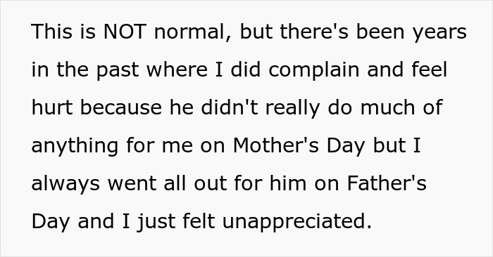 Text excerpt about an unappreciated wife feeling hurt on Mother's Day due to her husband's ignorance.