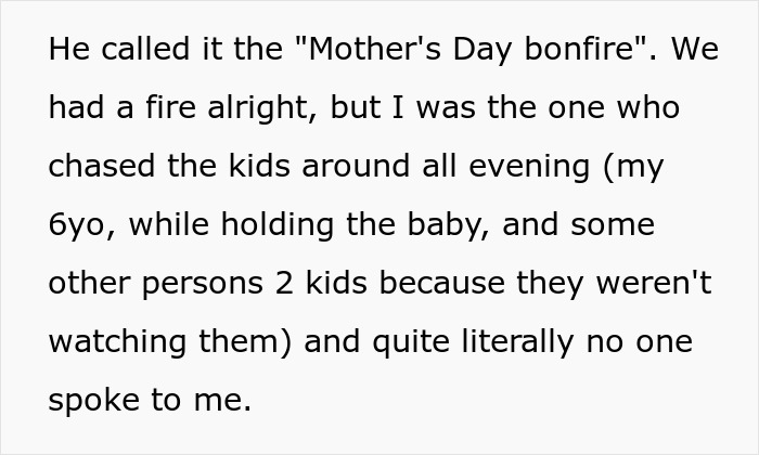 Text from an upset wife about her husband's poor surprise for Mother's Day, describing her stressful evening.