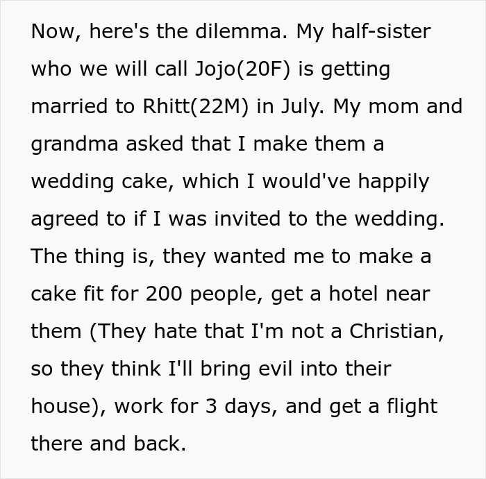 Woman Isn&rsquo;t Invited To A Wedding Because She&rsquo;s A &ldquo;Sinner&rdquo;, Gets Asked To Bake A Cake For It