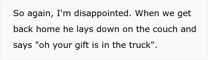 Text conversation about a husband's lackluster Mother's Day surprise involving a gift left in the truck.