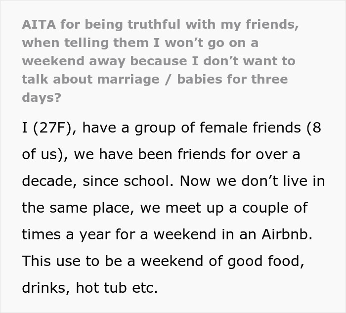 Woman Refuses To Be Subjected To Hours Of Marriage And Baby Talk, Skips Trip, Drama Ensues Woman Refuses To Be Subjected To Hours Of Marriage And Baby Talk, Skips Trip, Drama Ensues