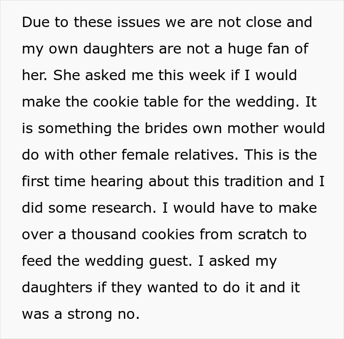 Woman Makes DIL Cry By Refusing To Bake Over 1,000 Cookies For Her Wedding Woman Makes DIL Cry By Refusing To Bake Over 1,000 Cookies For Her Wedding
