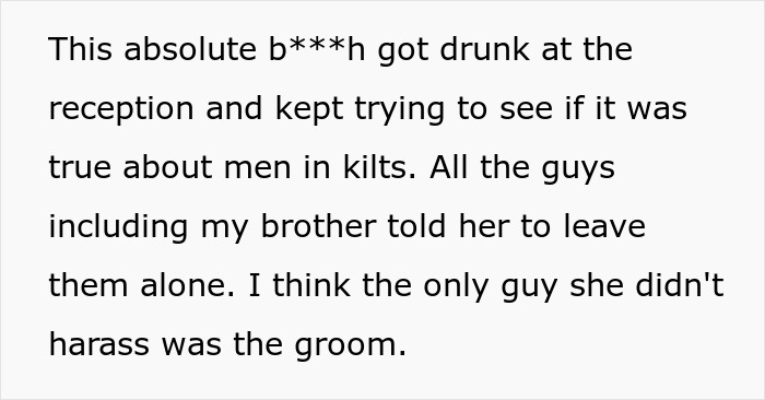 Woman Gets Slapped At A Wedding For Trying To Lift 16 Y.O. Boy&rsquo;s Kilt, Plays The Victim