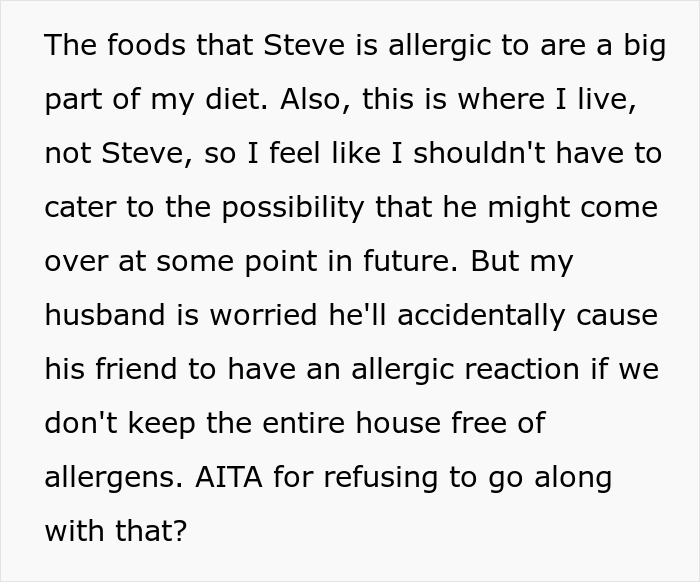 Man Puts Friend's Food Allergies Above Spouse's, So They Refuse To Get Rid Of Allergens At Home