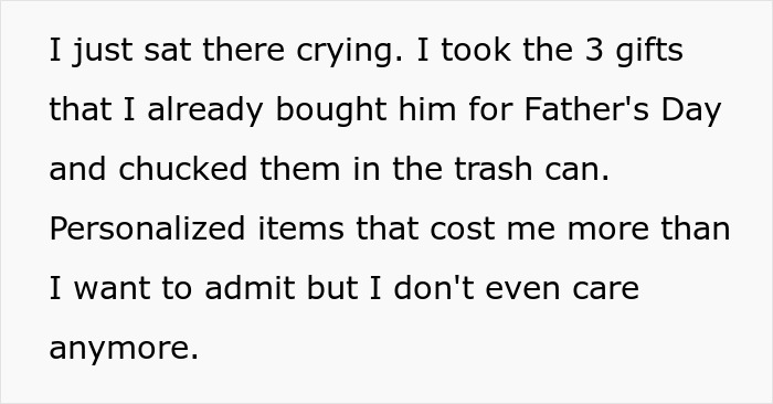 Text about a wife feeling upset as she discards expensive Father's Day gifts, reflecting on an ignorant husband's surprise.