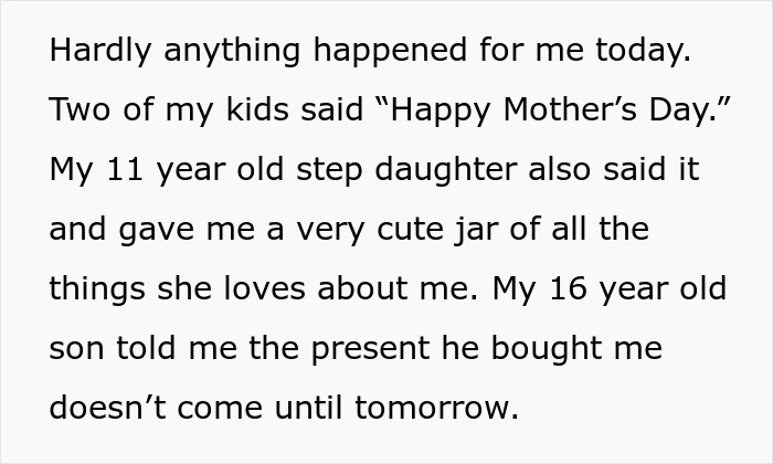 Text highlights Mother’s Day with kids' heartfelt gestures and delayed gift. Text highlights Mother’s Day with kids' heartfelt gestures and delayed gift.