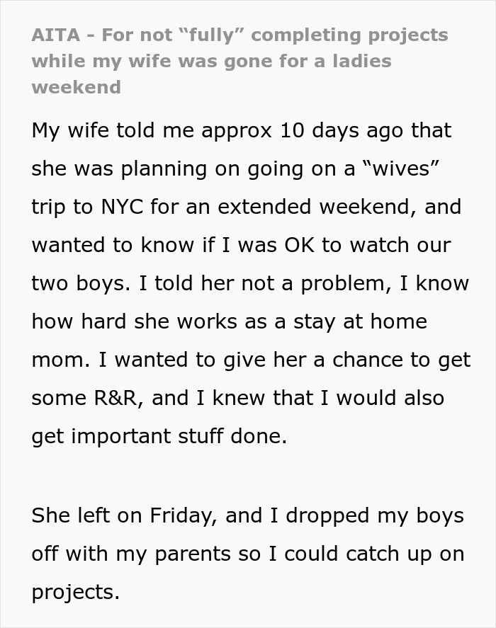 “Thank You, I Guess”: Man’s ‘Surprise’ After Wife’s Getaway Weekend Doesn’t Go As Planned “Thank You, I Guess”: Man’s ‘Surprise’ After Wife’s Getaway Weekend Doesn’t Go As Planned