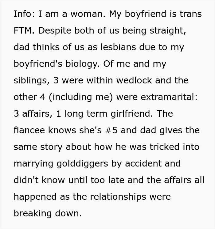 Man Upset Daughter Says She’ll Skip His 5th Wedding And Will Catch The Next As Her BF Isn’t Invited Man Upset Daughter Says She’ll Skip His 5th Wedding And Will Catch The Next As Her BF Isn’t Invited