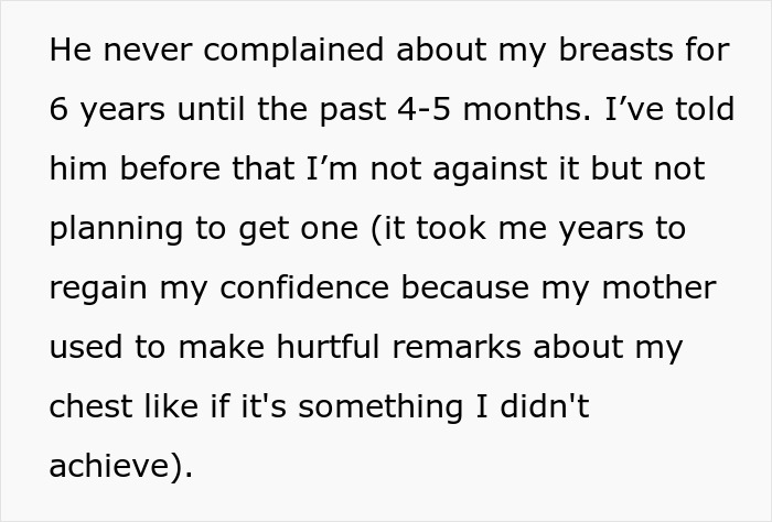 Woman’s Husband Keeps Advocating For Breast Implants For Her, She Finally Snaps Woman’s Husband Keeps Advocating For Breast Implants For Her, She Finally Snaps