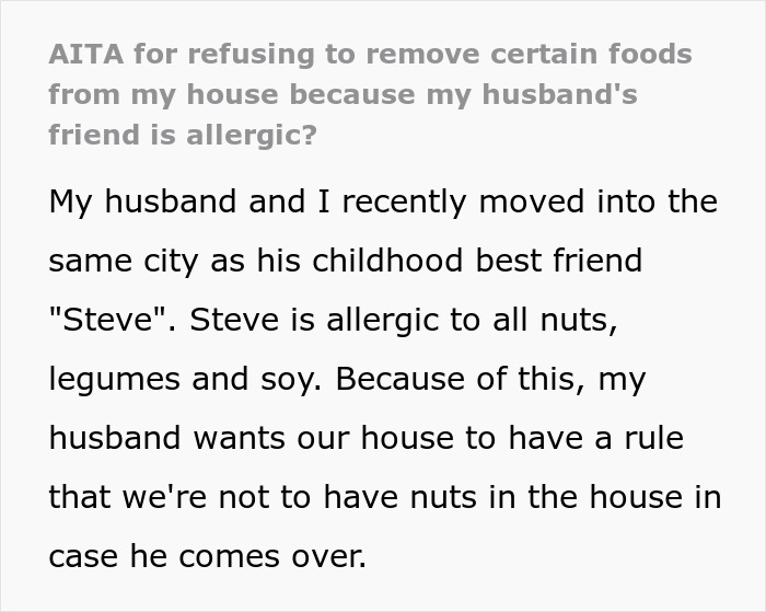 Man Puts Friend's Food Allergies Above Spouse's, So They Refuse To Get Rid Of Allergens At Home