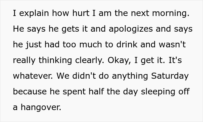 Text image describing a husband's apology and hangover, related to a surprise for wife on Mother's Day.