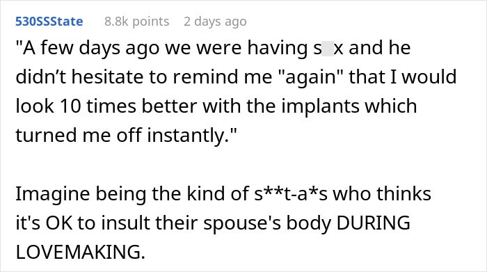 Woman’s Husband Keeps Advocating For Breast Implants For Her, She Finally Snaps Woman’s Husband Keeps Advocating For Breast Implants For Her, She Finally Snaps