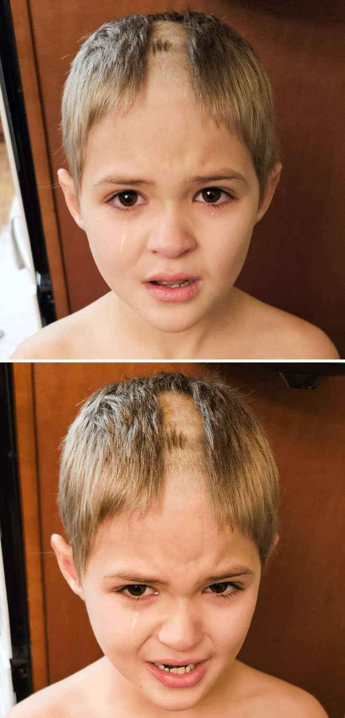 Young child with patchy haircut and tears on face showing frustration, capturing parents having a miserable day feelings.