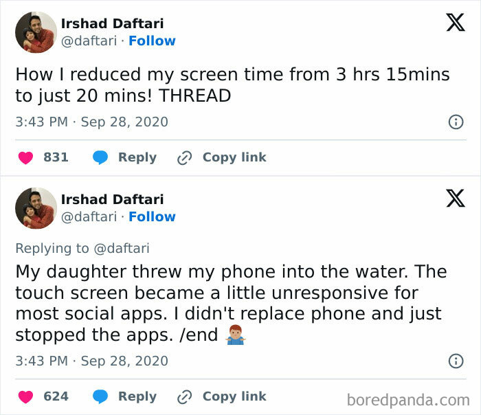 Twitter thread showing a parent explaining how their daughter caused phone issues, illustrating parents having a pretty miserable day.