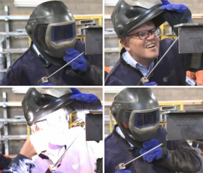 Former Australian Prime Minister Scott Morrison Trying His Hand At Welding