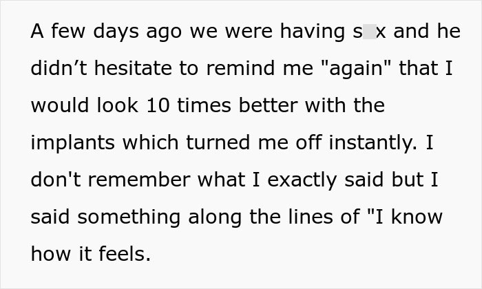 Woman’s Husband Keeps Advocating For Breast Implants For Her, She Finally Snaps Woman’s Husband Keeps Advocating For Breast Implants For Her, She Finally Snaps