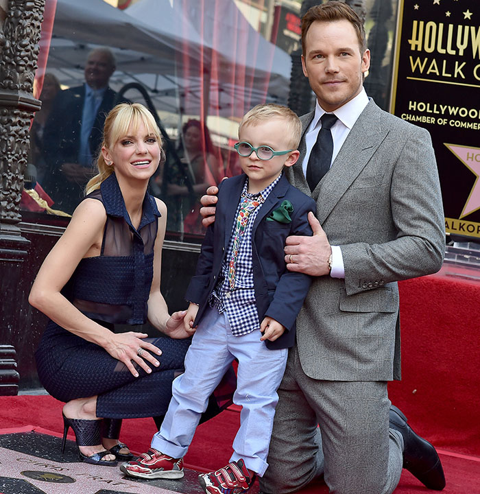 Chris Pratt with family at Hollywood Walk of Fame, dressed formally and posing for a photo.