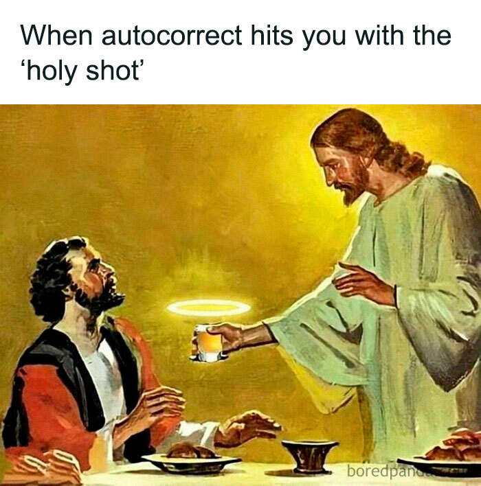 Classical art meme showing a humorous 'holy shot' autocorrect joke with a biblical scene.