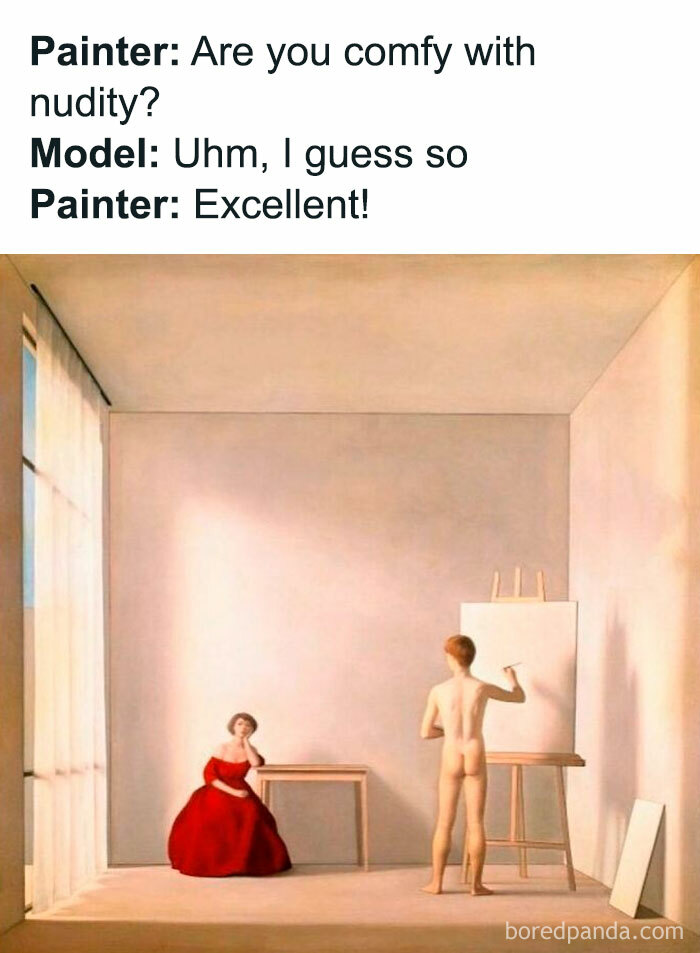 Classical art meme with a humorous dialogue between a painter and a dressed model in a modern room.