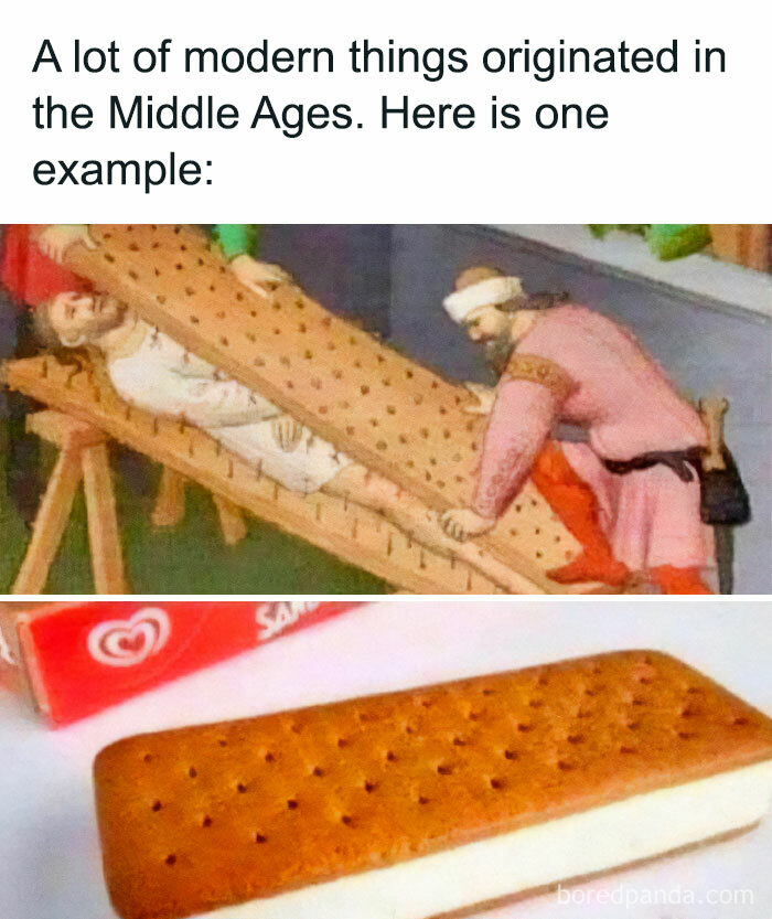 "Classical art meme comparing medieval scene to an ice cream sandwich, adding humor to your coffee break."