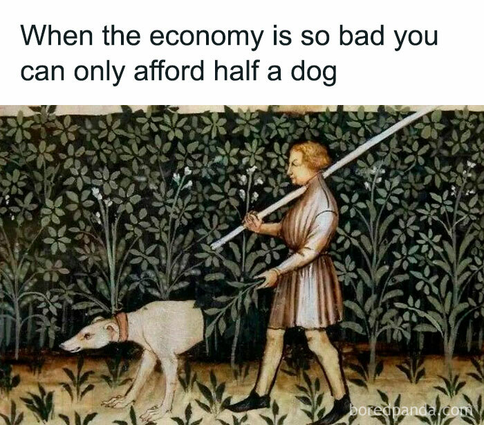 Classical art meme depicting a man walking a half-dog amid economic humor.