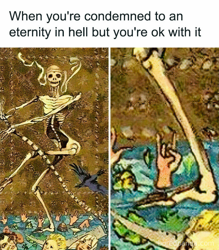 A humorous classical art meme featuring a dancing skeleton surrounded by people.