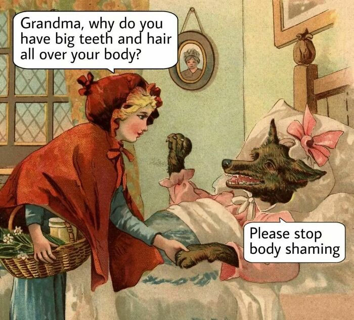 Classical art meme featuring Little Red Riding Hood and the wolf discussing body shaming.