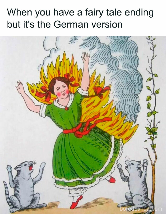 Classical art meme with a girl in a green dress on fire, surrounded by two surprised cats, humorously captioned.