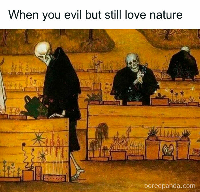 Classical art meme featuring skeletons gardening humorously in a medieval-style painting.