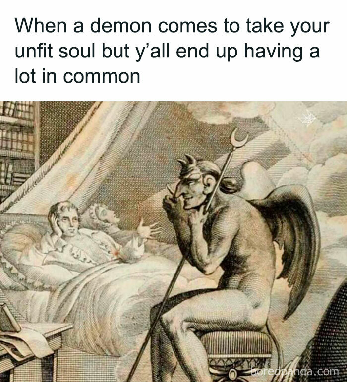 Classical art meme with a demon sitting by a bed, humorously captioned about finding common ground with a soul.