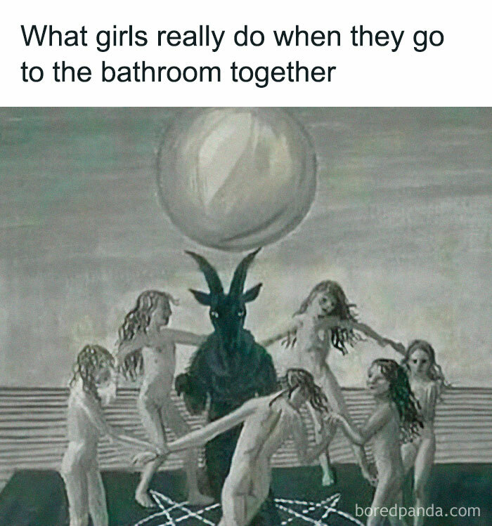 Classical art meme showing women dancing with a goat-headed figure, humorously captioned about bathroom trips.