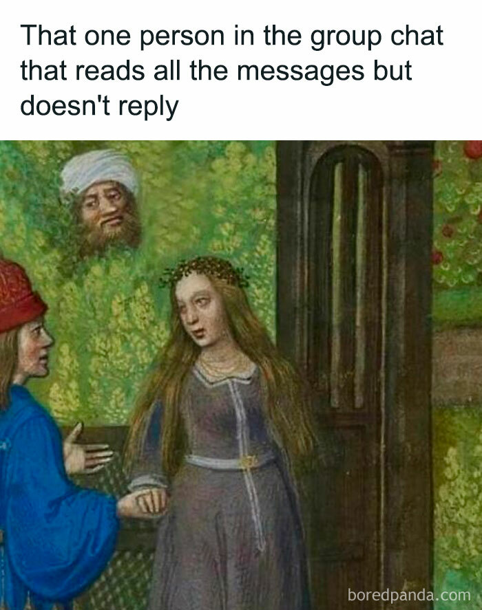 Classical art meme depicting group chat scenario with a person observing silently.