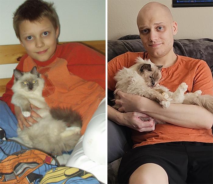 Putting My Childhood Cat To Sleep Today, And Did My Best To Recreate A 20 Year Old Picture. I Will Always Love You Gandalf