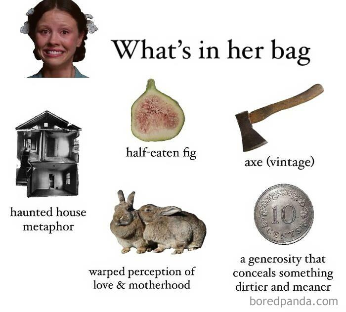 Funny movie meme listing quirky items in a bag including a haunted house metaphor and warped perception of love.