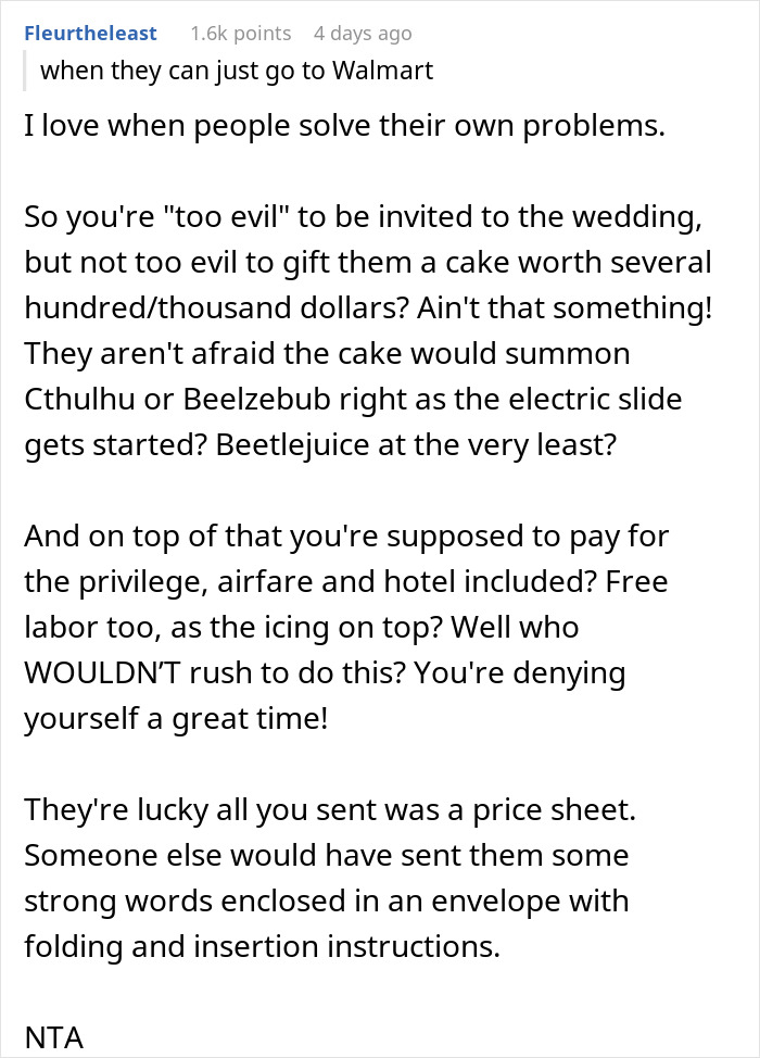 Woman Isn&rsquo;t Invited To A Wedding Because She&rsquo;s A &ldquo;Sinner&rdquo;, Gets Asked To Bake A Cake For It