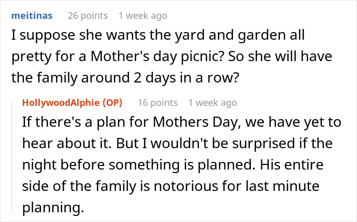 MIL Tries To Guilt-Trip Couple Into Spending Their Anniversary Doing Yard Work For Her, Fails