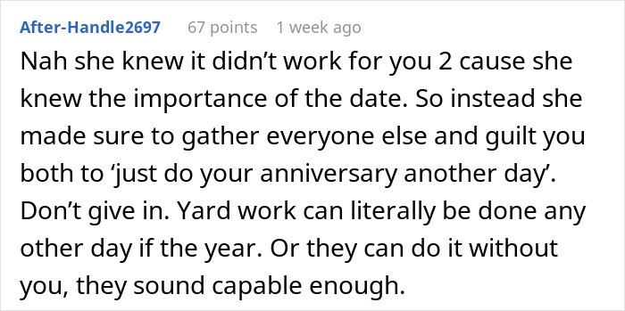 MIL Tries To Guilt-Trip Couple Into Spending Their Anniversary Doing Yard Work For Her, Fails