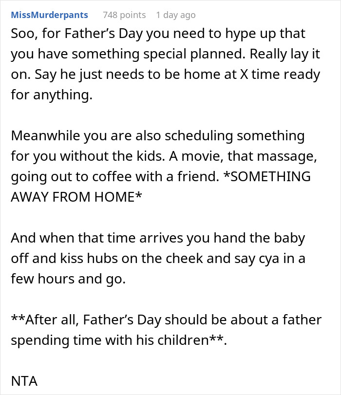 Text exchange about planning a special day for a husband, with emphasis on personal time and responsibility.