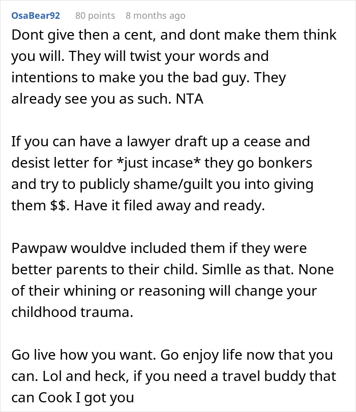 "The Will Is Pretty Airtight": Woman Refuses To Share Inheritance With Family Who Betrayed Her