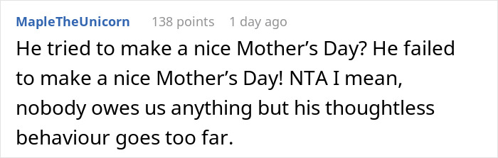 Comment discussing a husband's thoughtless Mother's Day surprise, highlighting insensitivity and thoughtlessness.