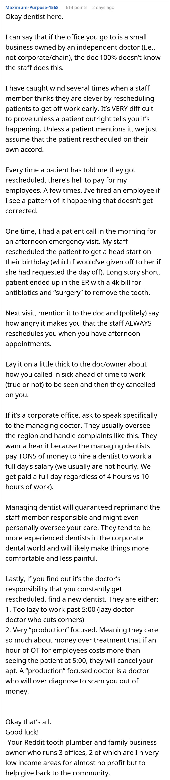 Dental Staff Who Want To Go Home Early Sneakily Change Woman's Appointments, She Gets Revenge