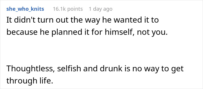 Text from online comment about a husband&rsquo;s selfish Mother&rsquo;s Day weekend surprise.