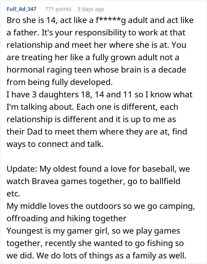 Man Is Extremely Hurt By Daughter Saying She Likes Mom's New BF Better, Removes Her From His Life